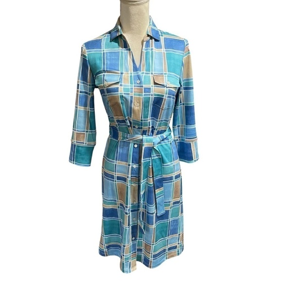 J. McLaughlin Brynn Tile Print Jersey Knit Collared V-Neck 3/4 Sleeve Dress NWT - Picture 2 of 11